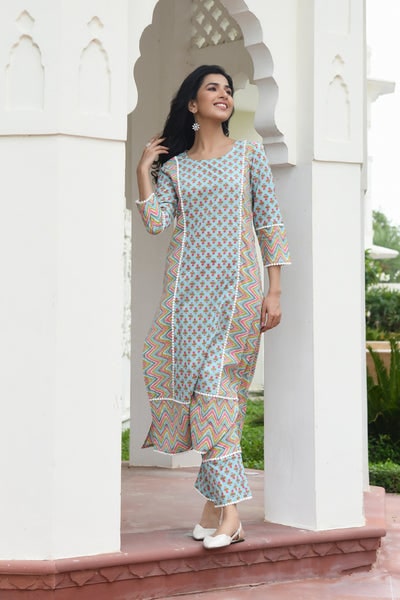 Cotton Printed Readymade Pant Suit In White 3741SL08
